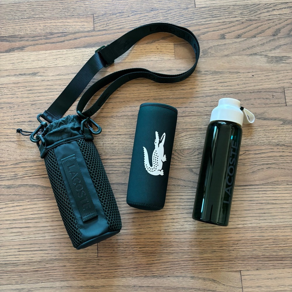 Lacoste Water Bottle Green Glass Bottle Mesh Crossbody Carrier Neoprene Sleeve